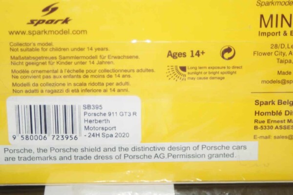 Spark porsche 911 gt3 r 24h spa 2020 1:43 resin sb395 ltd 500