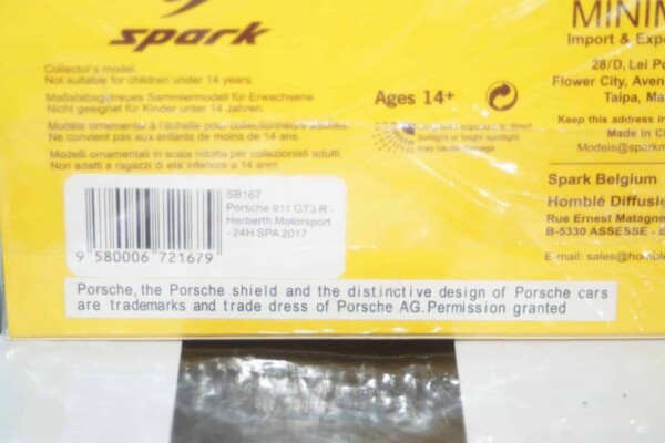 Spark porsche 911gt3 24h spa 2017 1:43 ref sb167 ltd 300
