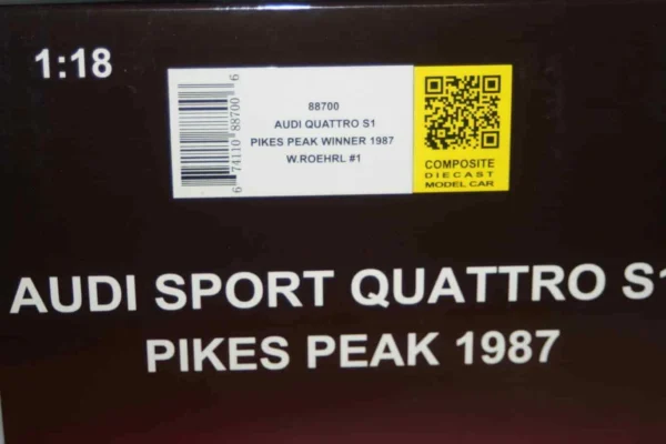 Autoart audi quattro s1 rally pikes peak winner 1987 #1 w.roehrl 1:18 88700