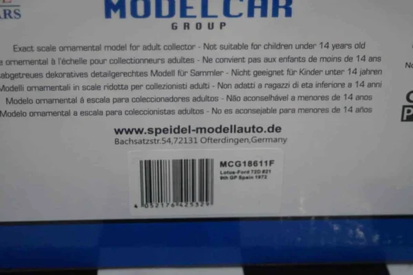 Model car group lotus - ford  72d #21 9th gp spain 1972 d.walker 1/18th mcg18611f