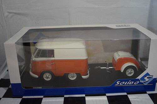 Solido volkswagen kool kombi 2023 in orange and white with trailer  1:18 s1810902