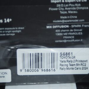 Spark toyota gr yaris 5th rc2 monte carlo 2024 s.pajari #23 1:43 resin s6861