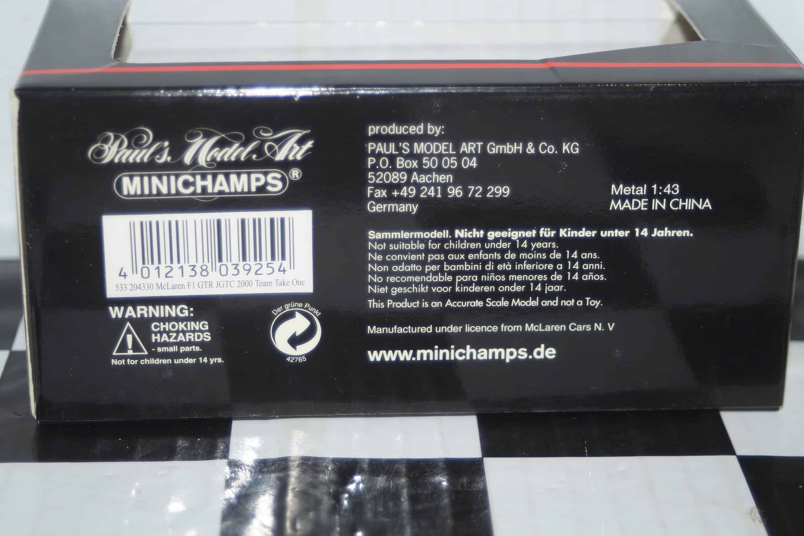 Minichamps mclaren f1 gtr jgtc 2000 1:43 diecast 533 204330 ltd