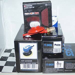 Sgs work shop, car repair tools, 3" cutter, sanding discs, 6" sander, air gauge.