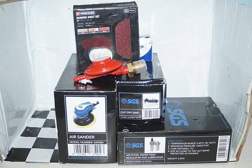 Sgs work shop, car repair tools, 3" cutter, sanding discs, 6" sander, air gauge.