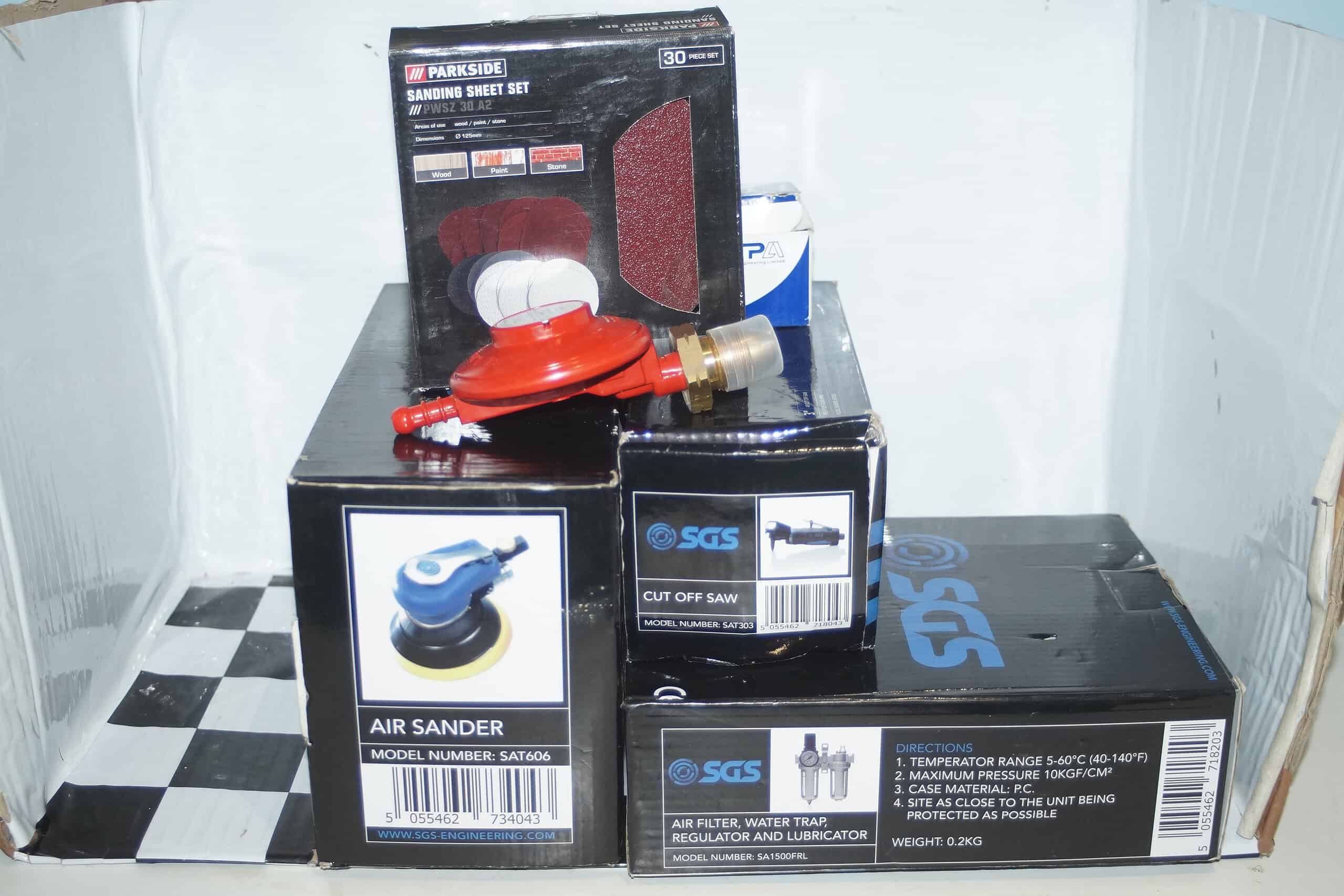 Sgs work shop, car repair tools, 3" cutter, sanding discs, 6" sander, air gauge.